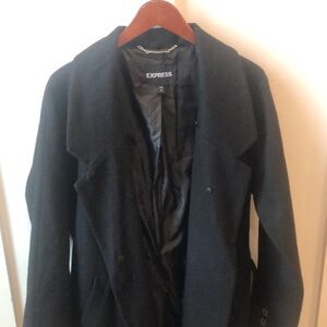 Wool blend express coat with removable faux fur collar.